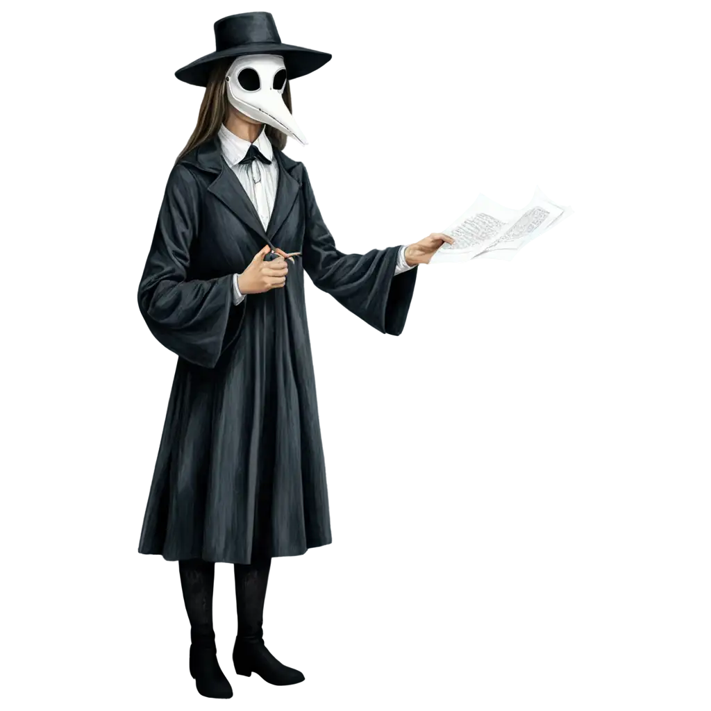 Art-Girl-with-Plague-Doctor-Paper-Mask-Holding-Poem-Sheets-PNG-HighQuality-Image-for-Creative-Projects