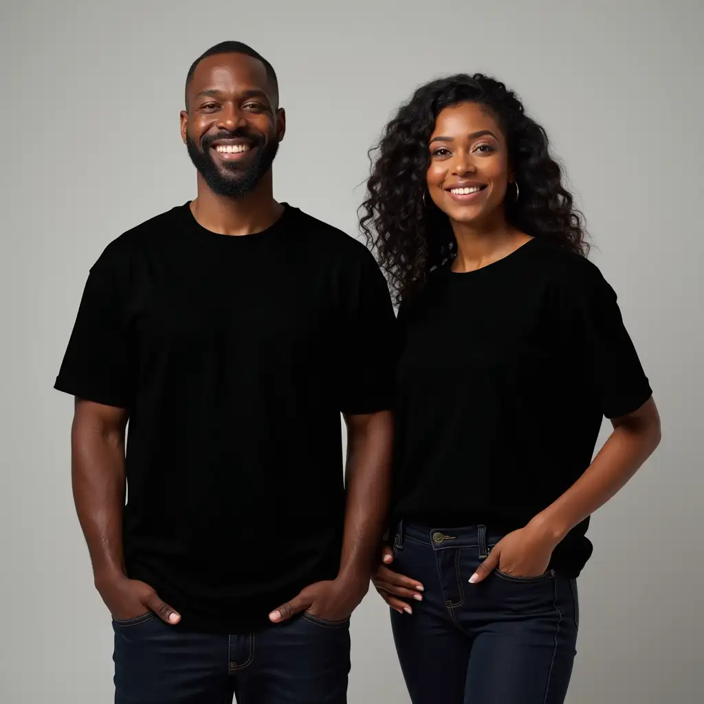 IMG_1018.CR2 medium shot High-resolution studio photograph, Front view of a mockup design of a 35year old black man and a 35year old black woman wearing a relaxed fit black t-shirt with no wrinkles or creases smooth surface over thier jeans, both standing with their back and shoulders straight with their whole body facing the camera slightly apart both looking directly at the camera with a slight smile, Cinematic, Photoshoot, Shot on 25mm lens, Depth of Field, Tilt Blur, Shutter Speed 1/1000, F/22, White Balance, 32k, Super-Resolution, Pro Photo RGB, Half rear Lighting, Backlight, Dramatic Lighting, Incandescent, Soft Lighting, Volumetric, Conte-Jour, Global Illumination, Screen Space Global Illumination, Scattering, Shadows, Rough, Shimmering, Lumen Reflections, Screen Space Reflections, Diffraction Grading, Chromatic Aberration, GB Displacement, Scan Lines, Ambient Occlusion, Anti-Aliasing, FKAA, TXAA, RTX, SSAO, OpenGL-Shader’s, Post Processing, Post-Production, Cell Shading, Tone Mapping, CGI, VFX, SFX, insanely detailed and intricate, hyper maximalist, elegant, dynamic pose, photography, volumetric, ultra-detailed, intricate details, super detailed, ambient, wide angle, laughing, photorealistic, ultrarealistic, hyperrealism, cinematic, photographic, highly detailed