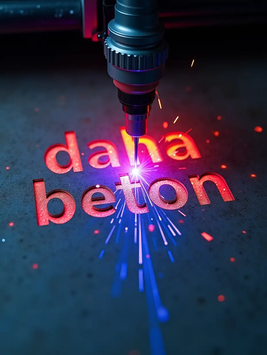 a laser engraver is cutting the characters 'daha beton>' onto exposed concrete, colorful laser, some nice sparks, photorealistic