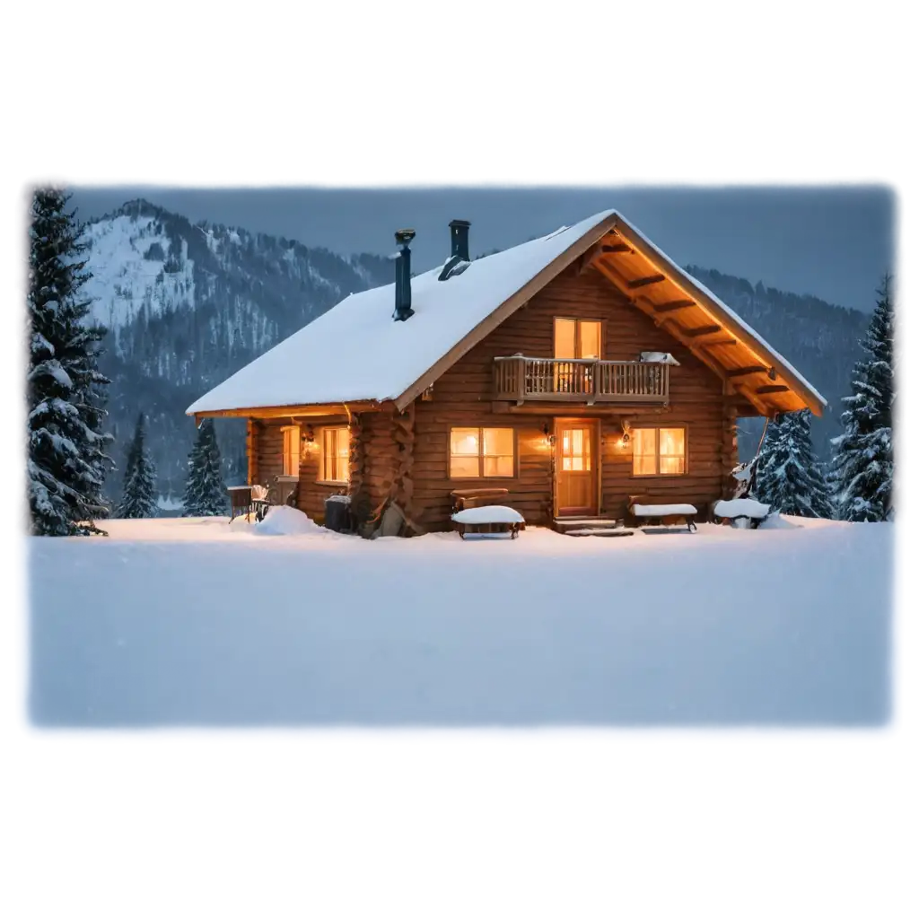 Cozy cabin in snowy mountains, warm glow