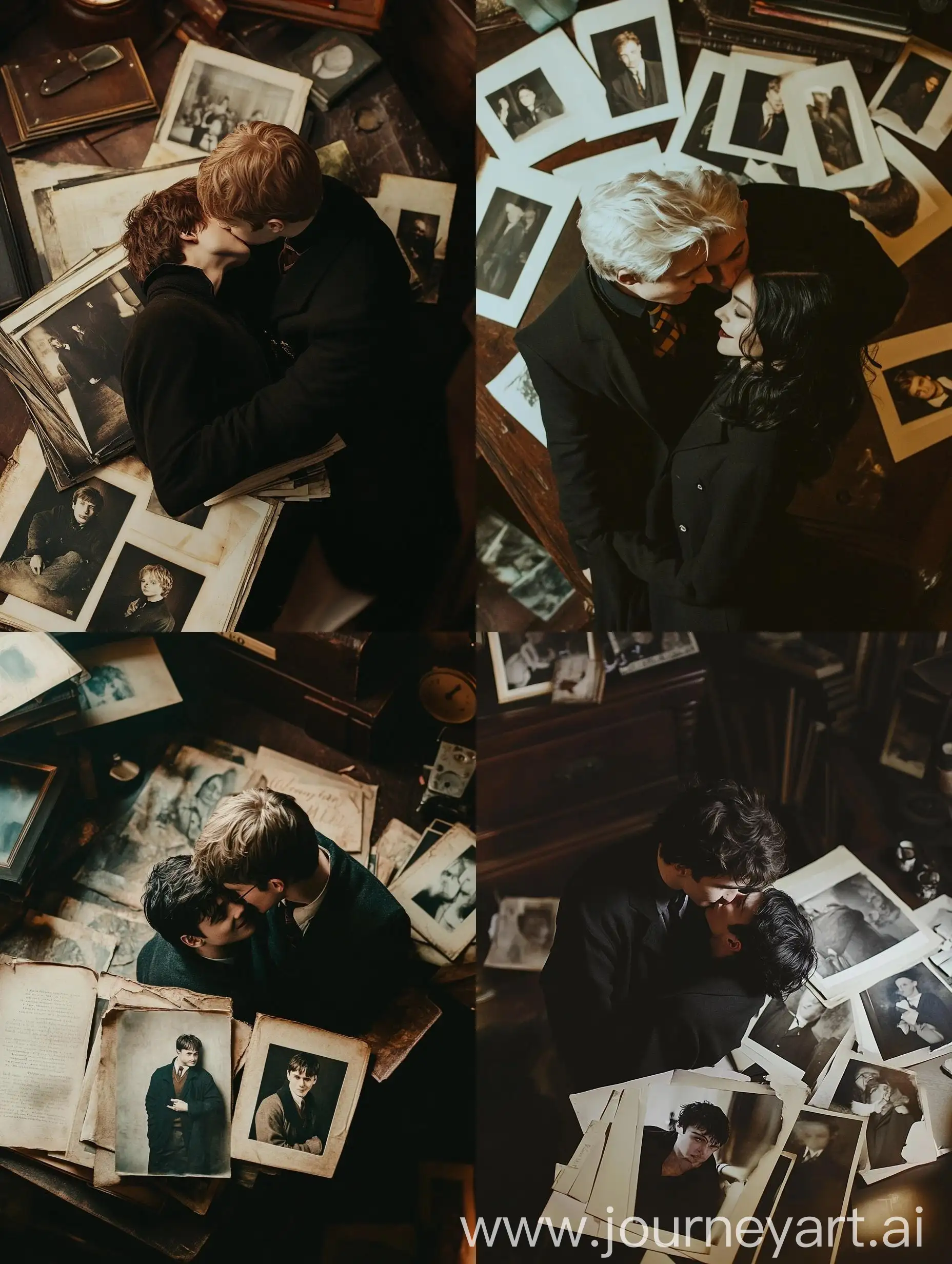 Overhead-View-of-Harry-Potter-and-Draco-Malfoy-Embracing-and-Whispering-on-a-Desk-with-Photographs