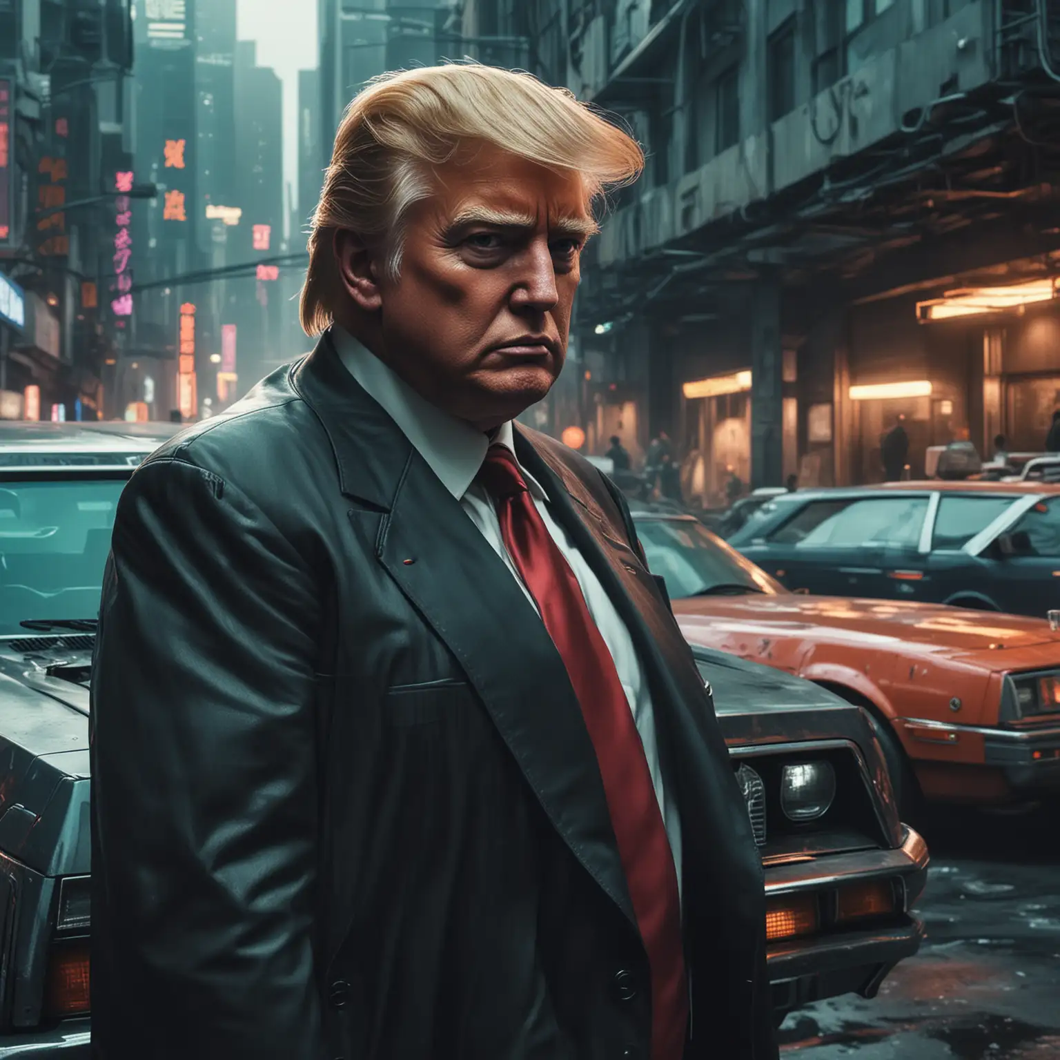 Donald-Trump-in-Cyberpunk-Style-with-Retro-Car-in-Futuristic-Cityscape