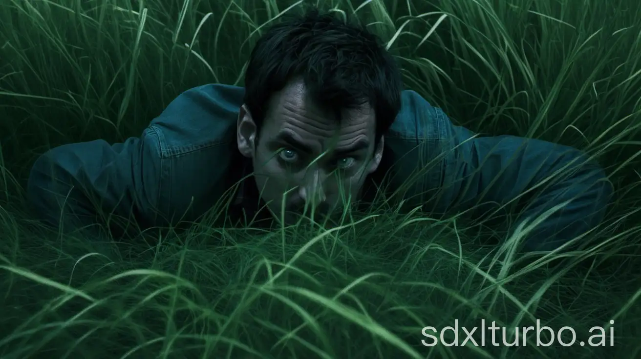 Man-Lurking-in-Suburbs-Hidden-in-Grass-Watching-His-Target