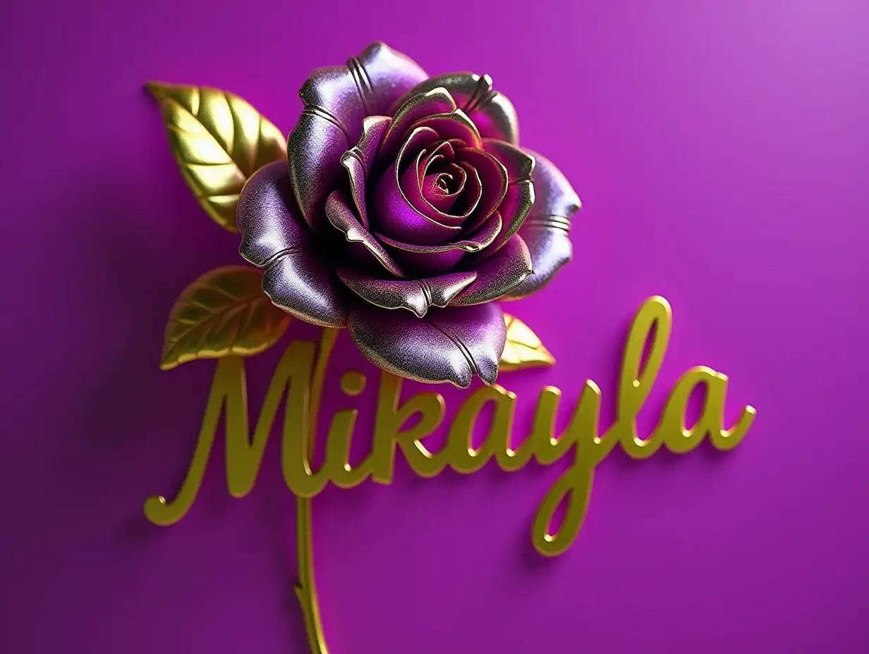 A photo of a golden metal rose with purple petals edged in gold. The rose has a glowing purple center and is slightly inclined over the name 'Mikayla' in a polished gold font. The leaves of the rose are also made of gold metal. The background is a polished metal purple standing up