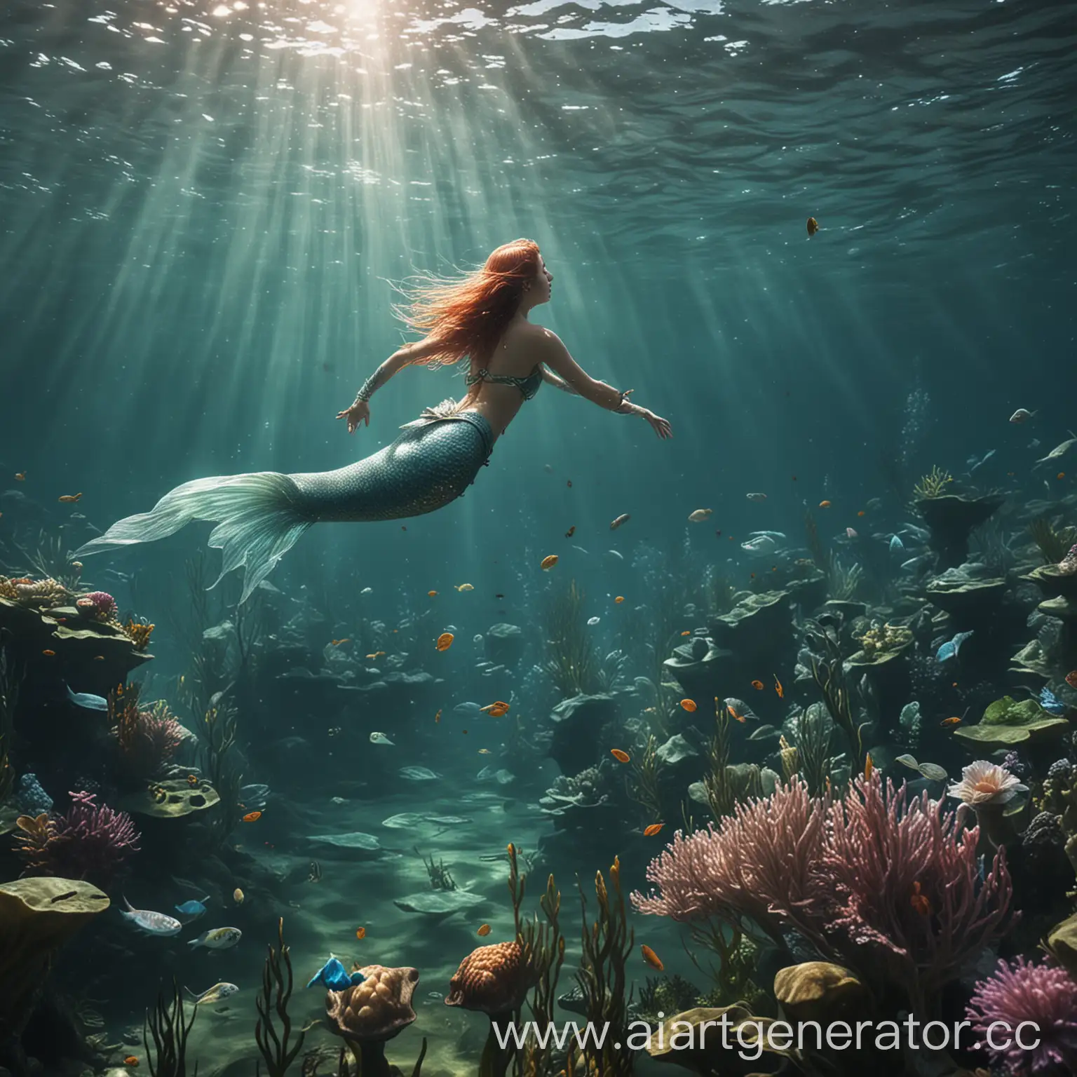 first person immersion in water where there are many mermaids and other creatures