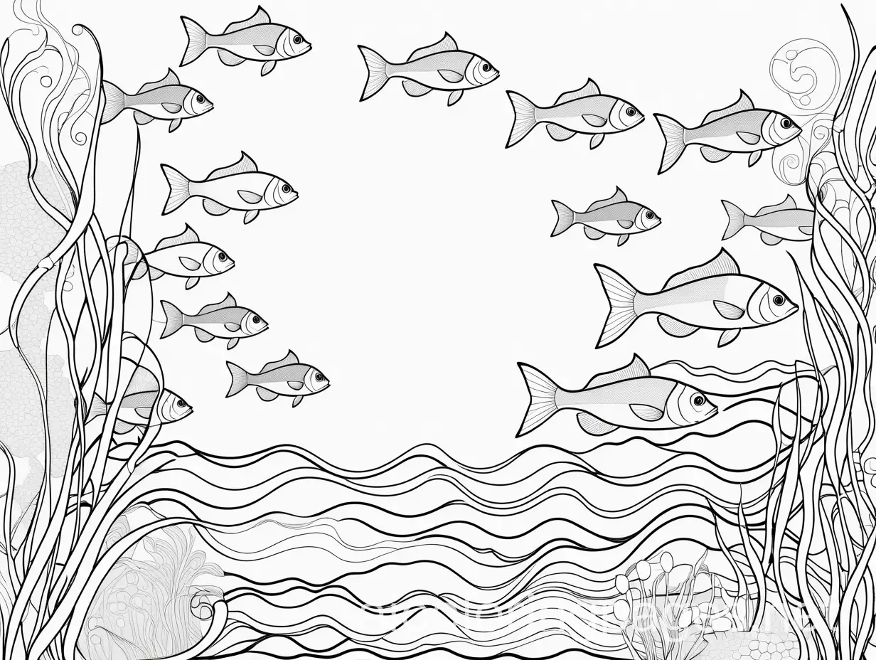 many fish swimming, Coloring Page, black and white, line art, white background, Simplicity, Ample White Space. The background of the coloring page is plain white to make it easy for young children to color within the lines. The outlines of all the subjects are easy to distinguish, making it simple for kids to color without too much difficulty