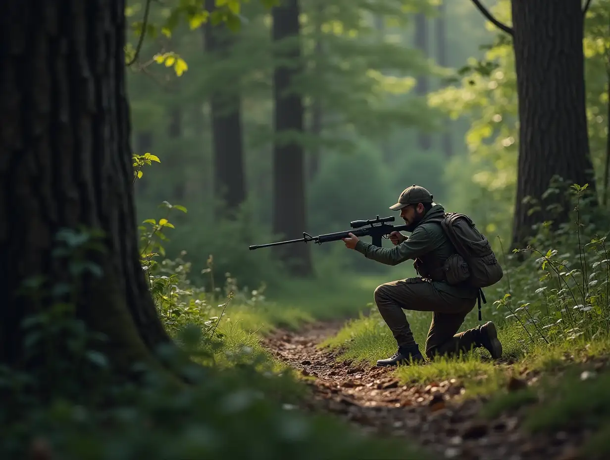 A hunter is looking for prey in the forest