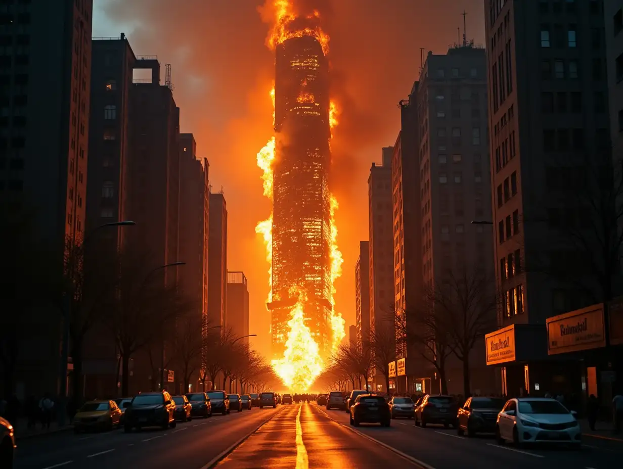 image on the street, up close, fire in the middle of skyscraper, collapsing skyscraper, chaos, flames, smoke, dust