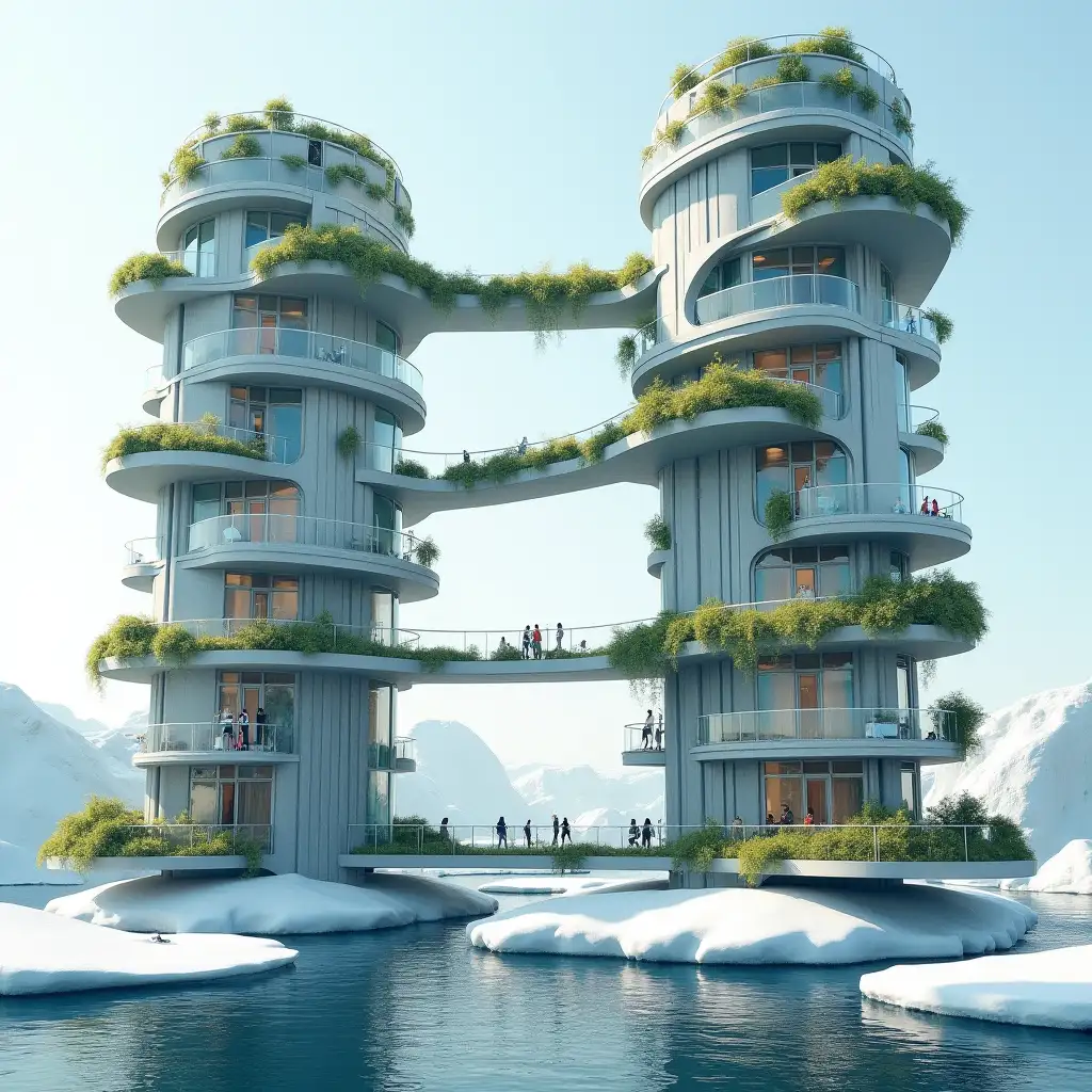 Futuristic Steel and Glass Towers Connected by Bridges in Arctic Ocean