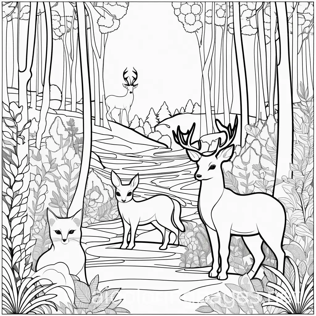 fantasy pets in the forest,coloring page,sharp lines,black and white , Coloring Page, black and white, line art, white background, Simplicity, Ample White Space. The background of the coloring page is plain white to make it easy for young children to color within the lines. The outlines of all the subjects are easy to distinguish, making it simple for kids to color without too much difficulty