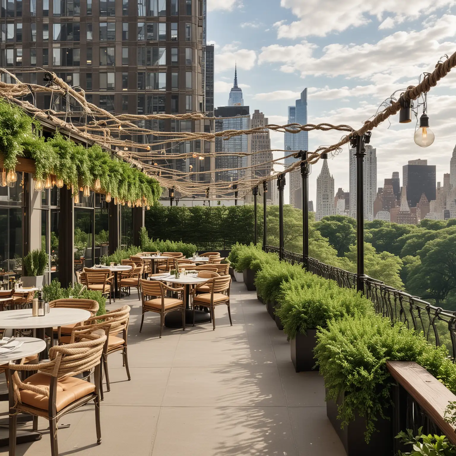 Elegant Rooftop Restaurant Overlooking Central Park with Lounge Furniture and Secluded Areas