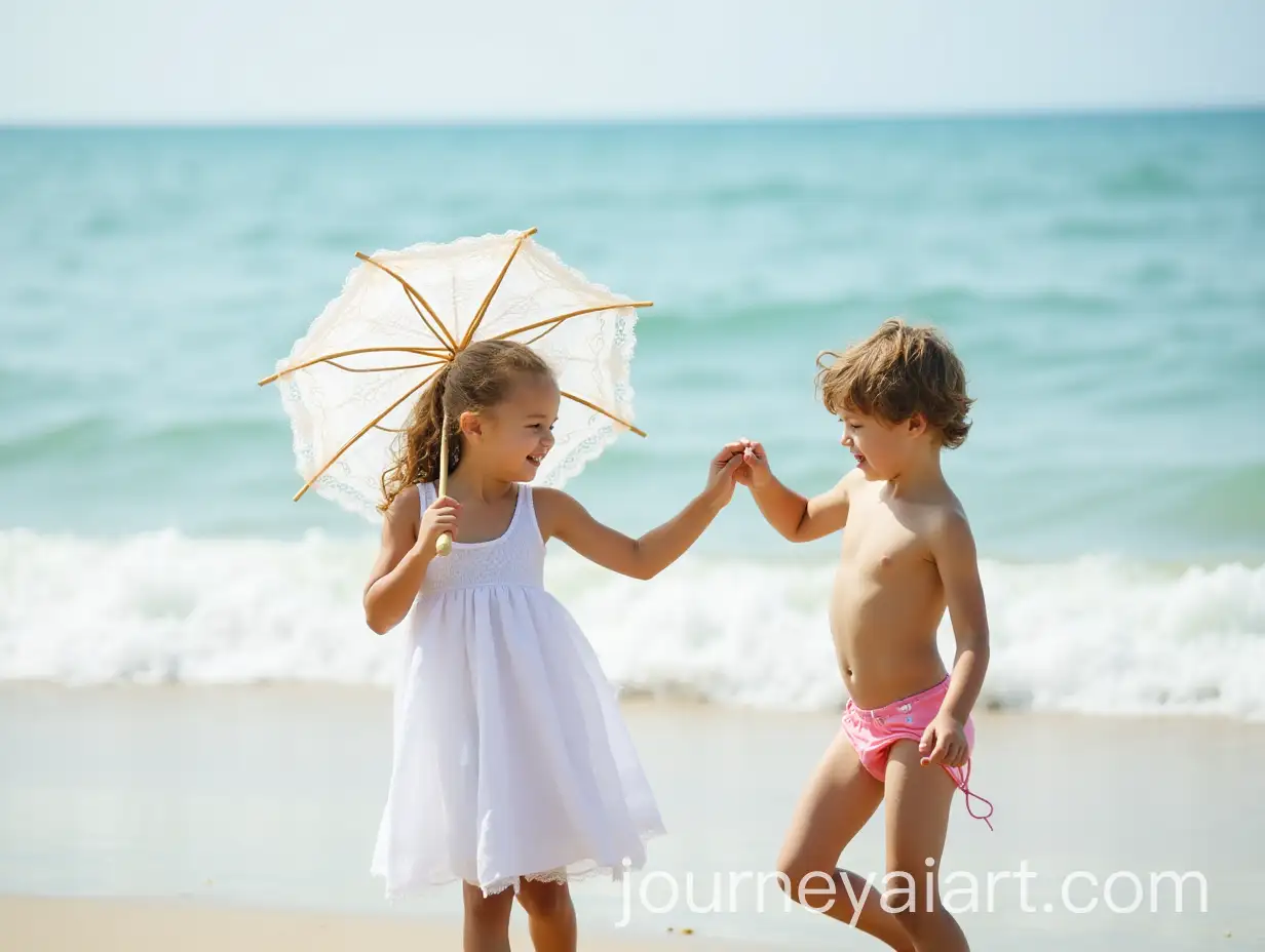 Girl-in-White-Dress-and-Lace-Umbrella-Playing-with-Boy-in-Swimsuit-on-Beach-Shore