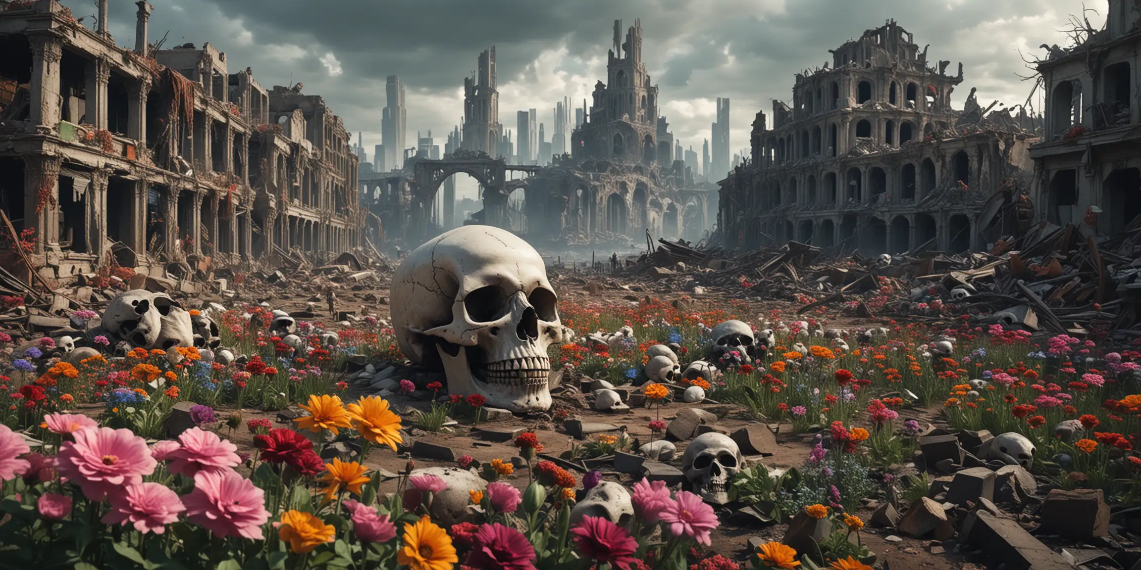 Dystopian City Ruins with Hyperrealistic Skull and Colorful Flowers