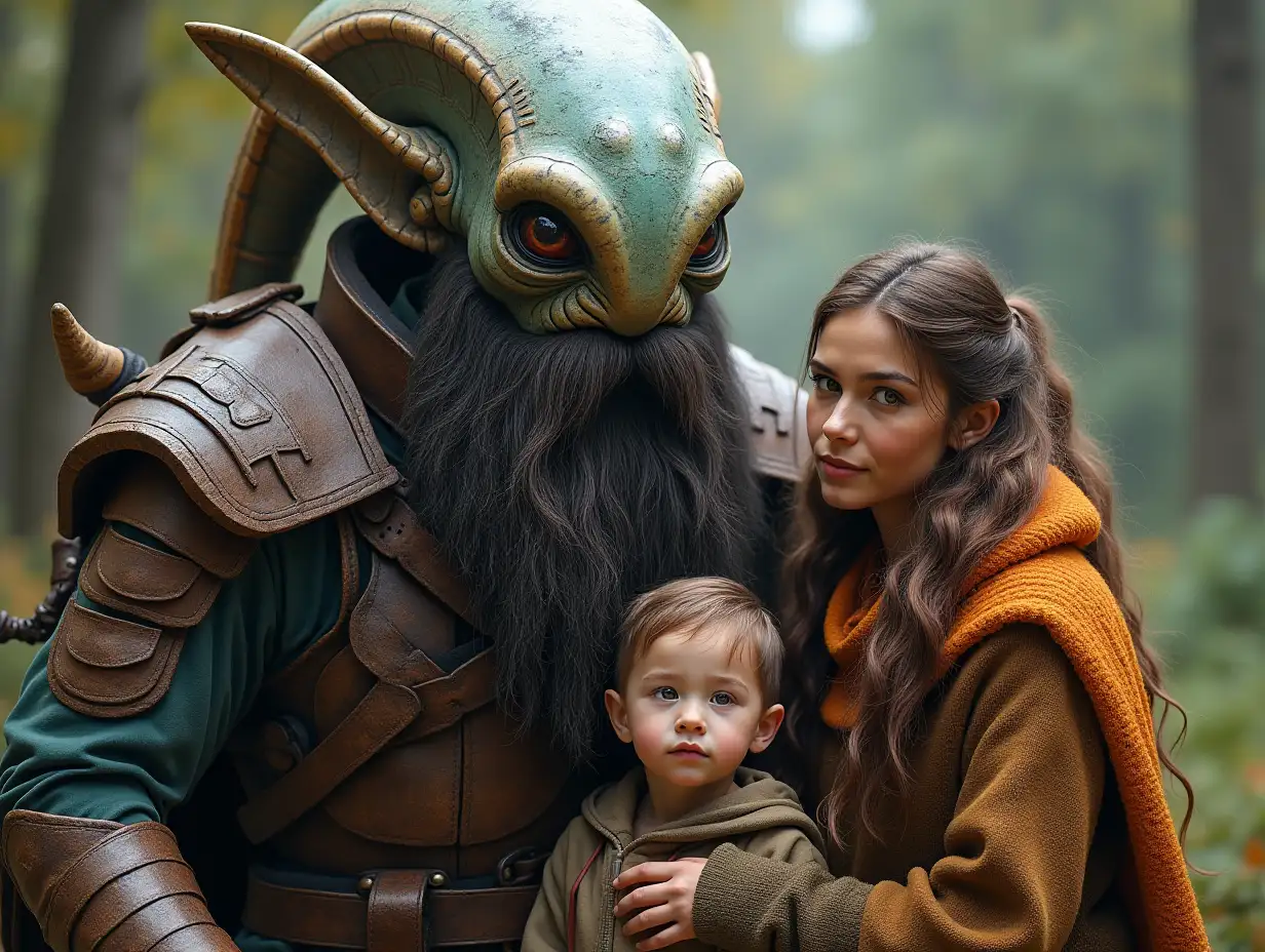 Ki-Fantasy family,Man,Woman, and Children, giant alien face with beard and with wooden armor equipment