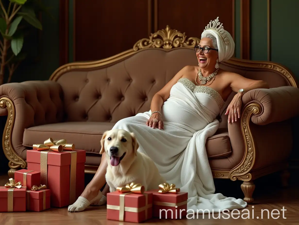 Elderly Indian Lady in Luxurious Palace Surrounded by Birthday Gifts