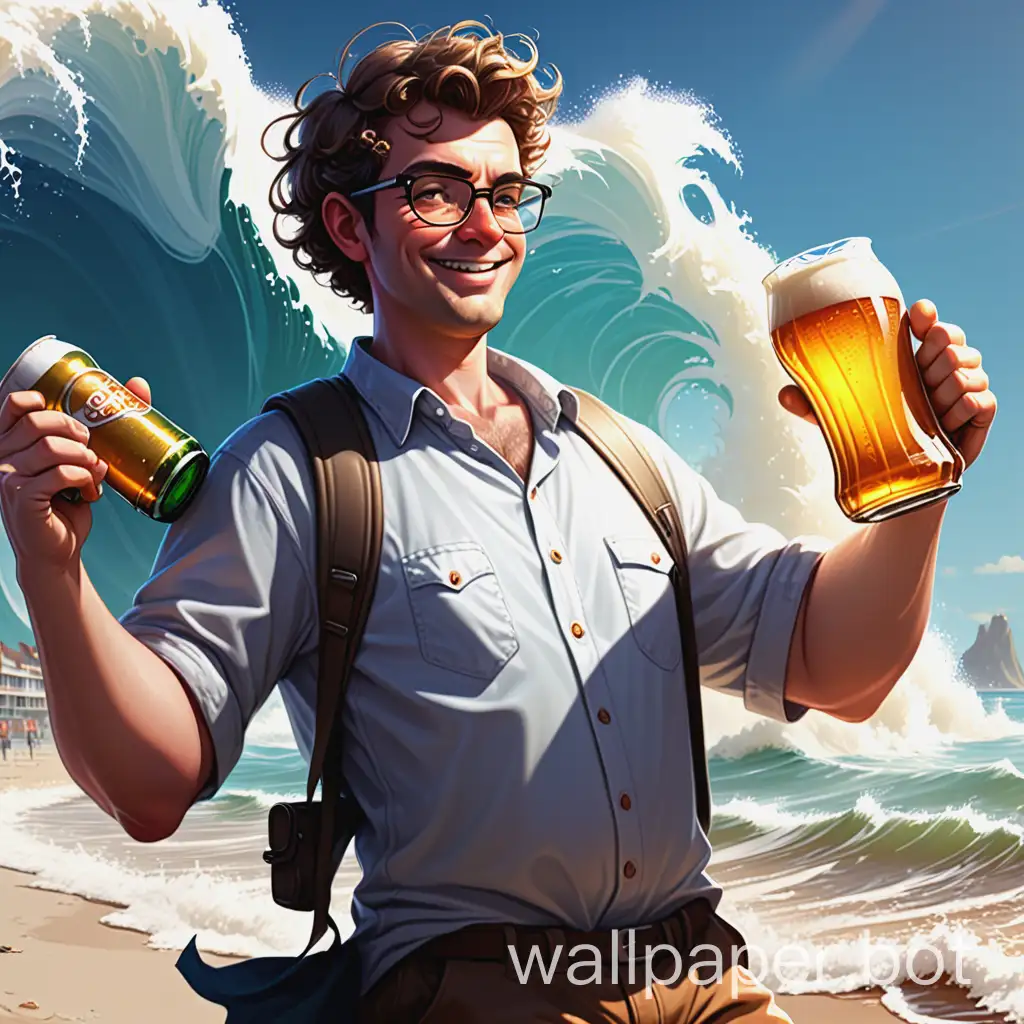 Character portrait, of a programmer working at the beach, holding a beer, with huge waves in the sea, but bright sunshine in the sky