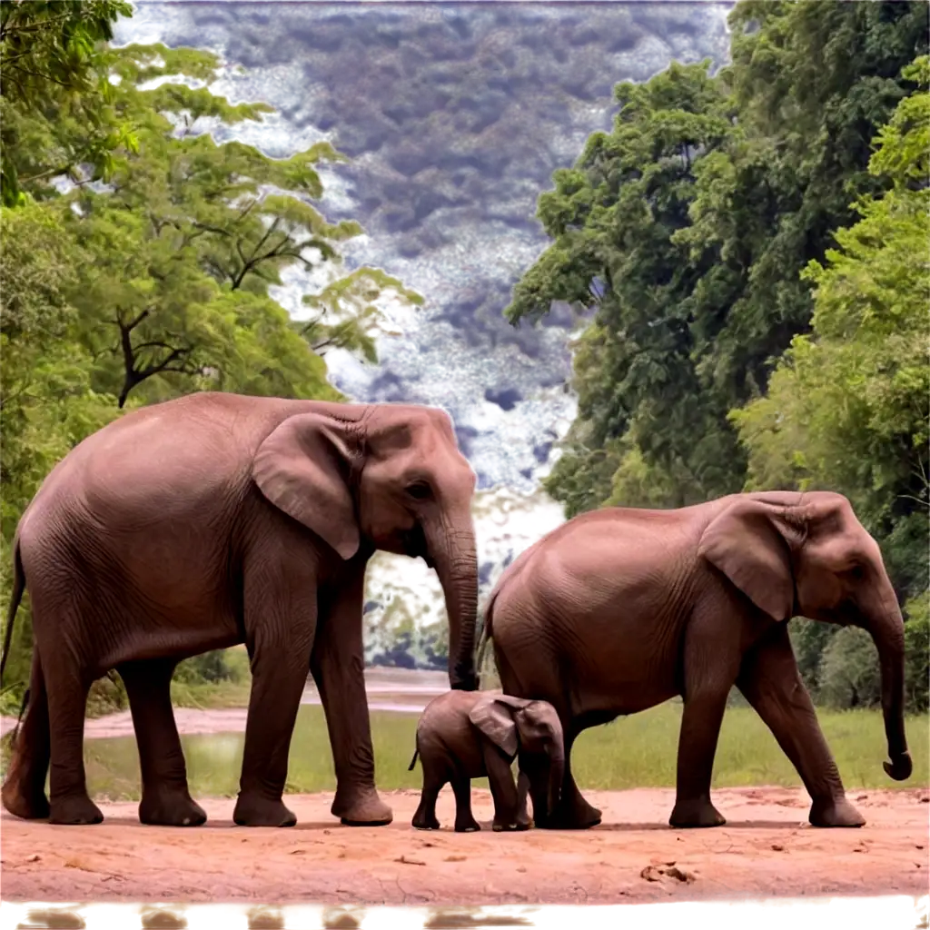 An elephant family with their 2 babies walking aside a beautyful river