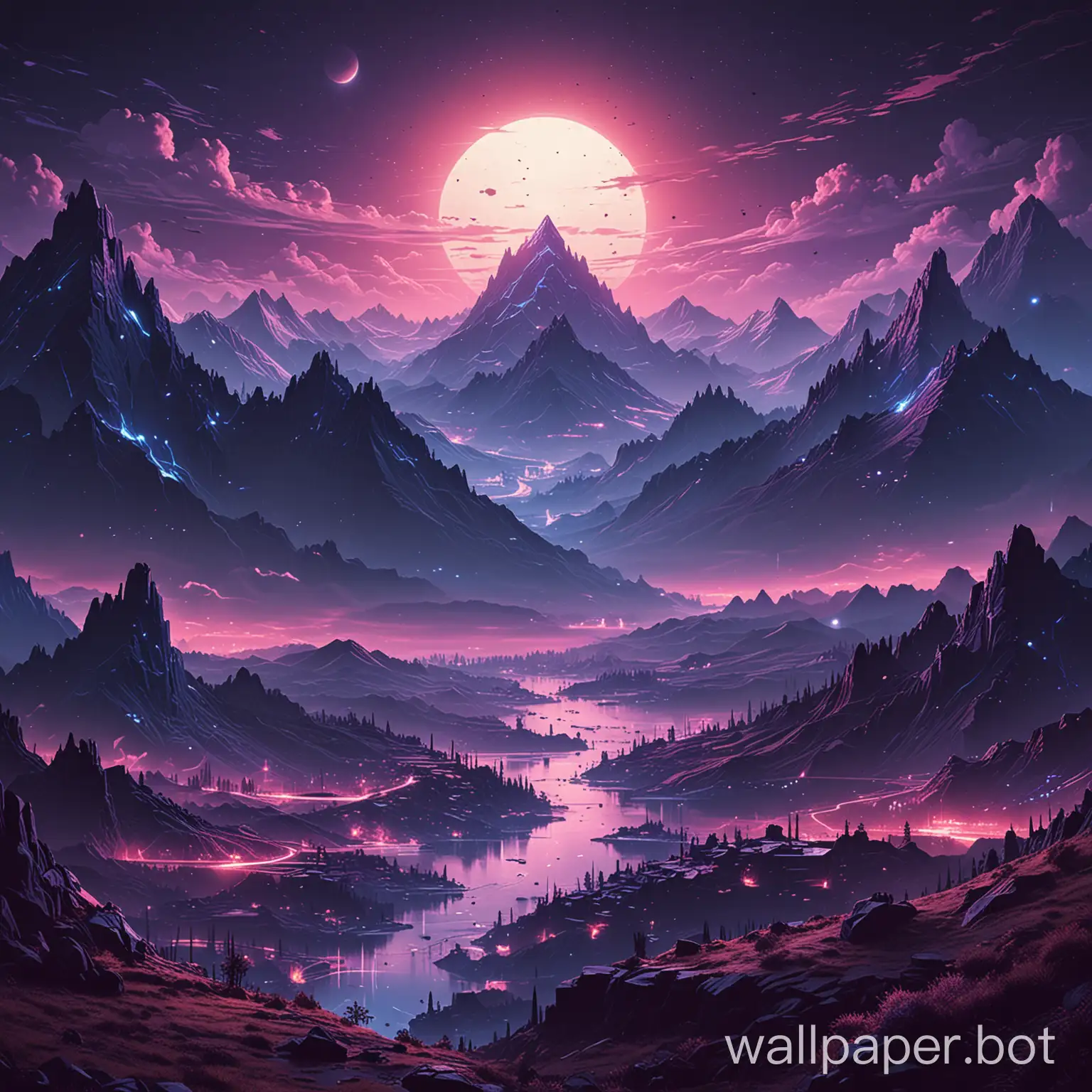 An abstract cyberpunk-themed wallpaper featuring a mountain range instead of a city, with a focus on a minimalist design. Use fewer colors, primarily shades of deep blue, purple, and a subtle neon glow. The mountains should have sharp, geometric shapes, and the glowing lights should be understated, scattered along the mountain peaks and ridges. The sky should be dark with faint hints of digital elements like data streams or circuit-like patterns blending into the atmosphere. The overall tone should be futuristic, serene, and otherworldly, with a focus on simplicity and moodiness.