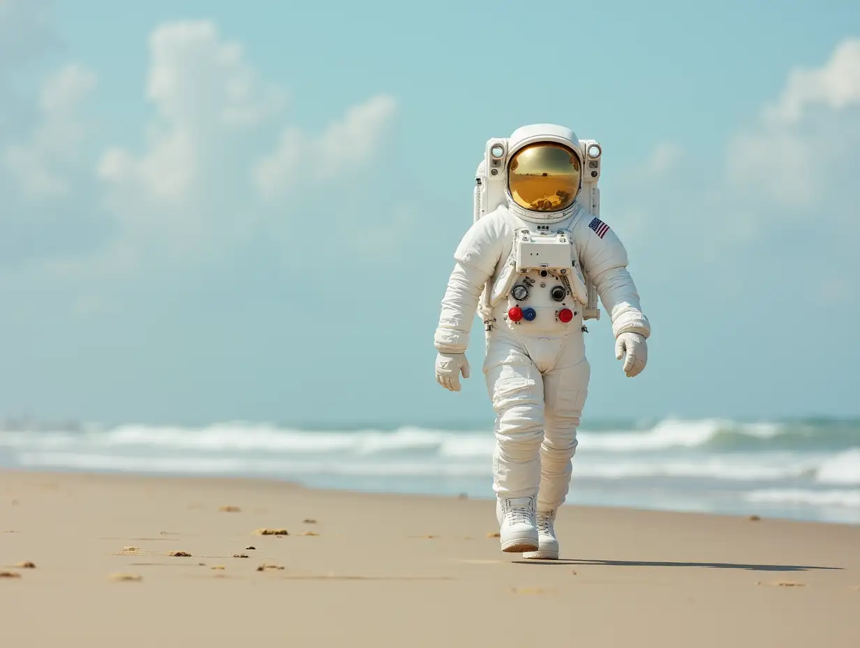 An astronaut walking on the beach