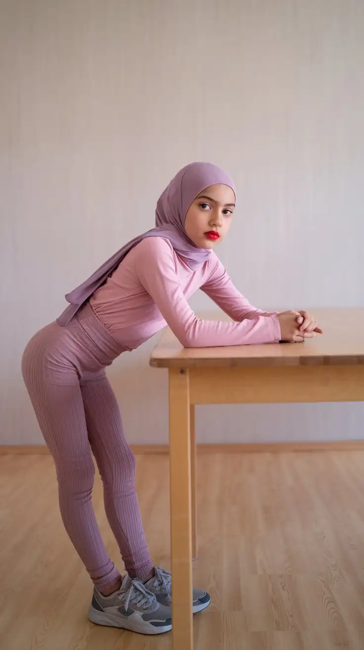 14YearOld-Girl-in-Pink-Top-and-Purple-Hijab-Bending-Over-Wooden-Table