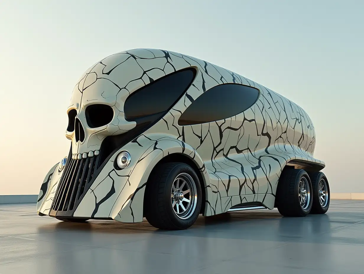 Supermodern utopian sports bus lowered body with skull, aluminum wheels, wide tires, cream black zig zag pattern science fiction