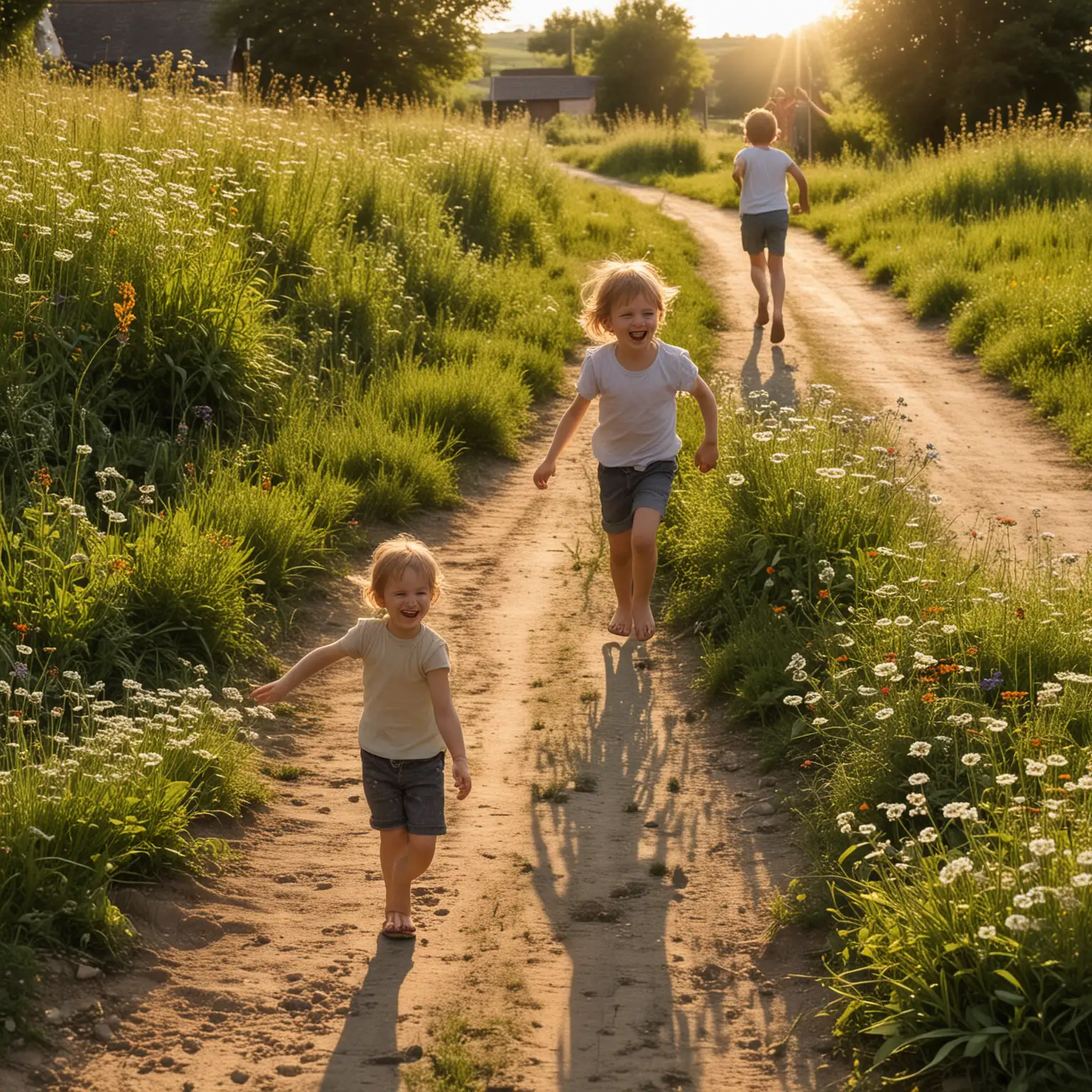 Three-Little-Friends-Laughing-and-Running-on-a-Countryside-Path