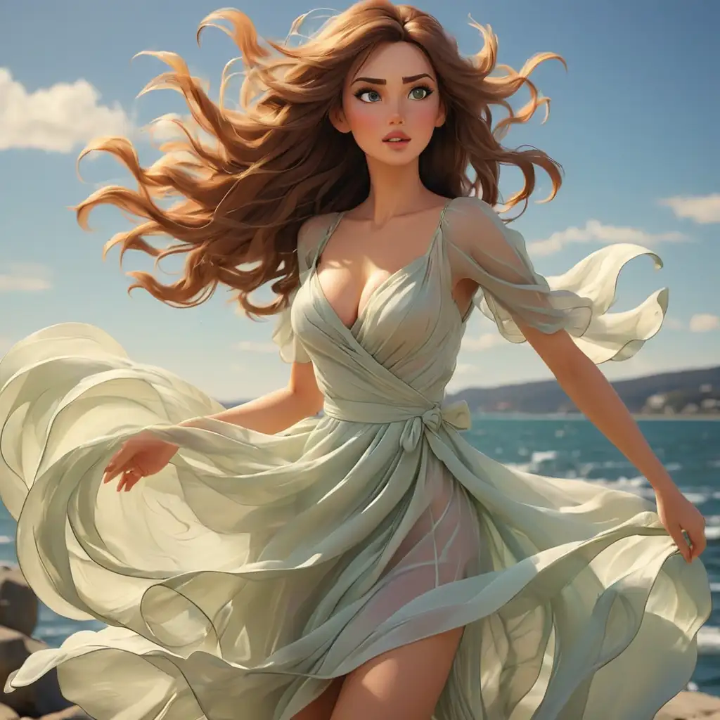 Elegant-Woman-with-Dress-Floating-in-the-Wind-at-Waterfront