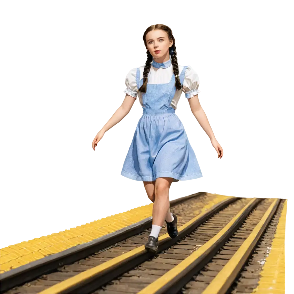 Dorothy-from-The-Wizard-of-Oz-in-PNG-Format-A-Unique-Twist-with-Black-Braids-Walking-on-Yellow-Tracks