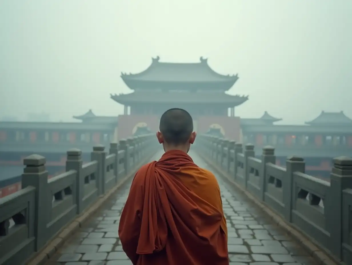 A young Buddhist monk in ancient China, facing away 3/4, looking at the temple complex in the distance in the gray hazy smoke.