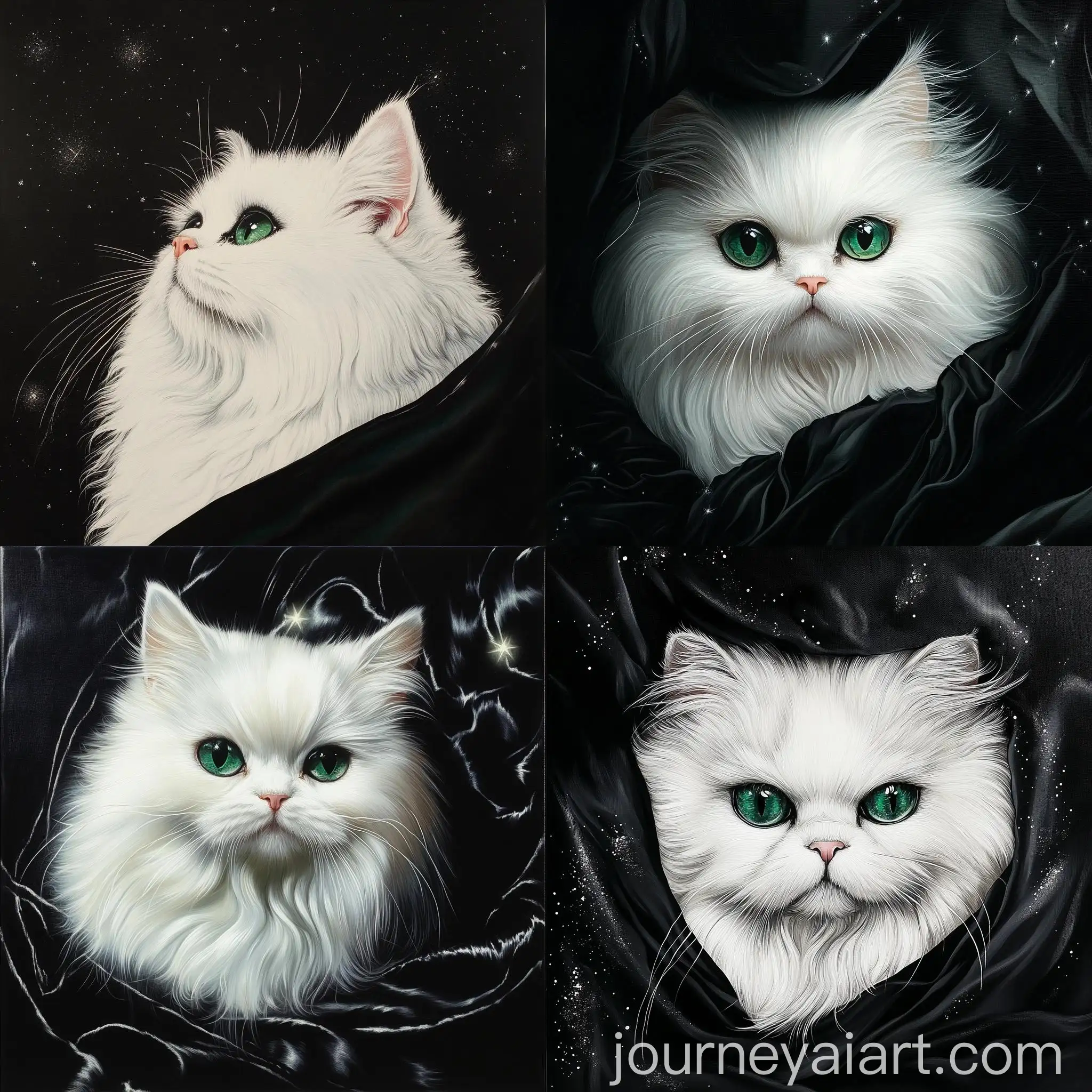 Elegant-White-Persian-Cat-on-Black-Satin-Fabric-with-Green-Eyes