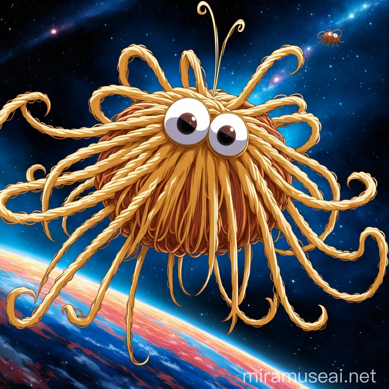 an anime (((Flying Spaghetti Monsterism))) god, meatball on its body, heroic pose, in epic space anime