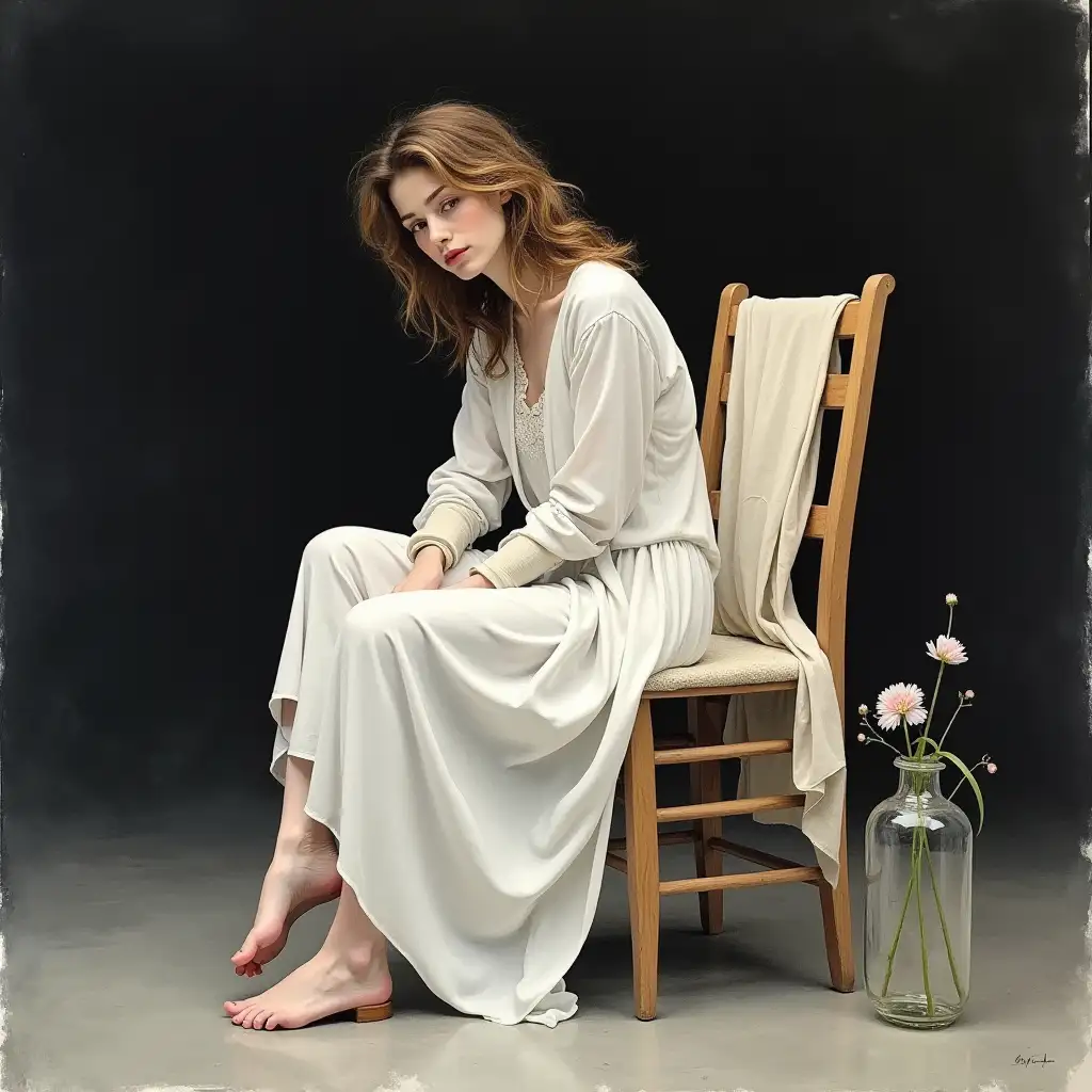 watercolor, acrylic, random pose, Tom Burke style, white woman, model, light colored flowing tunic, brown tousled hair sitting on a wooden chair, ghostly atmosphere, light fabric on the back of the chair, transparent flower in a vase next to the chair, dark background