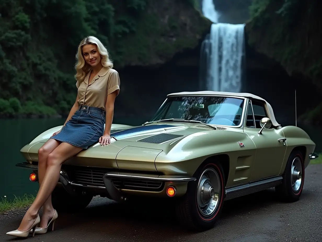 Vintage-1966-Corvette-with-Blonde-Woman-in-Jean-Skirt-and-Satin-Blouse-by-Waterfall-Under-Starry-Night