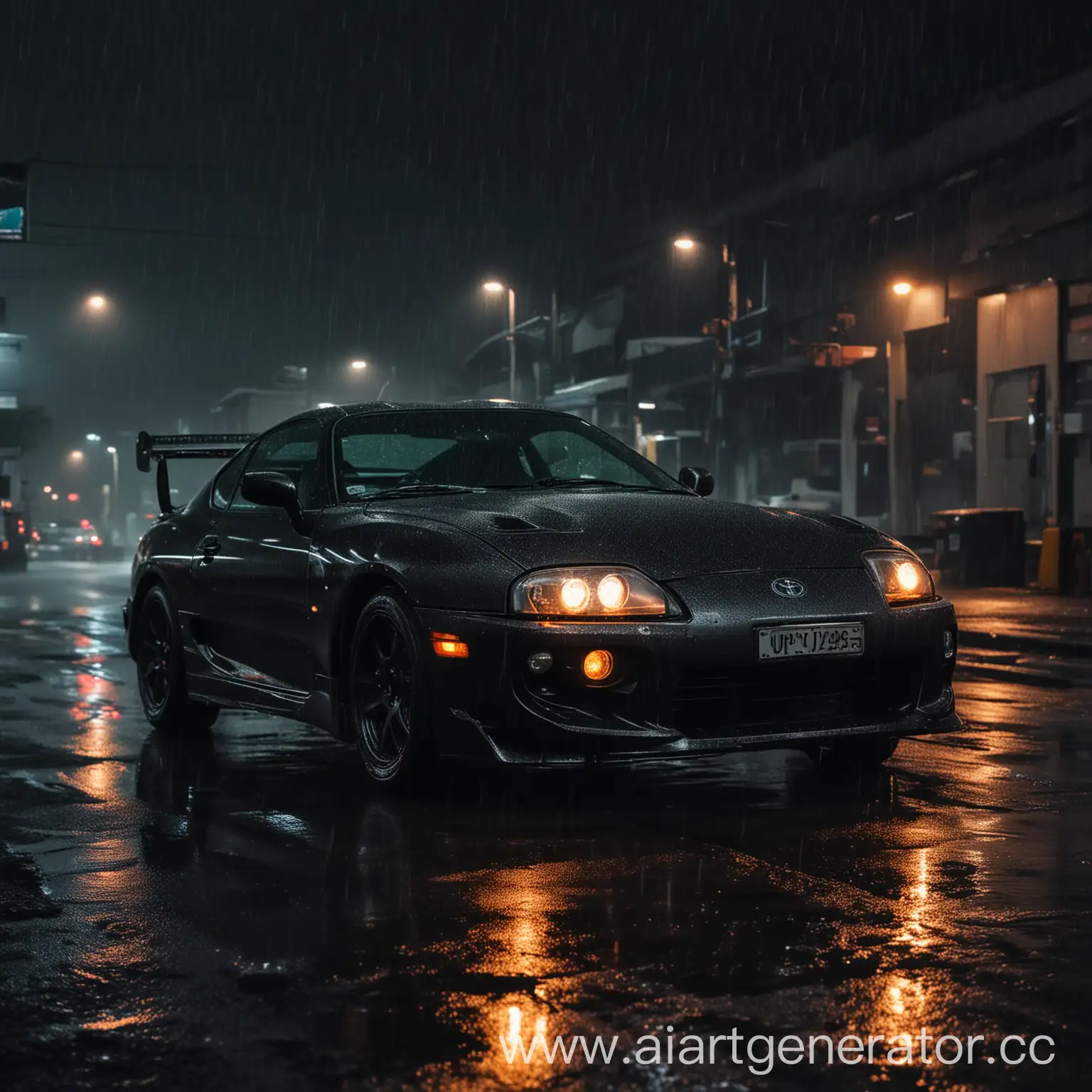 Toyota Supra black in dark neon lights on a dark night in the pouring rain