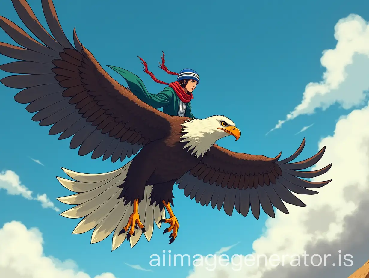 I would like an image of an anime character Izaya from blue look flying on the eagle and representing Morocco