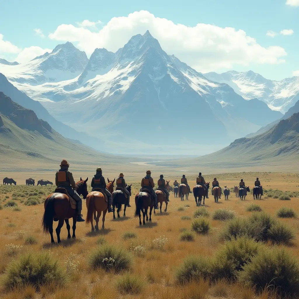 A group of people on Equus riding early Equus species are exploring the vast, characteristic landscape of the Quaternary period on a safari expedition. Surrounding them is a diverse array of Quaternary fauna, including a lot of mammals such as mammoths, woolly rhinoceroses, bison, saber-toothed cats, and other early Equus horses roaming freely across the landscape. The terrain varies from grasslands and sparse forests to open areas filled with hardy shrubs, early grasses, and scattered trees typical of the cooler Quaternary climate. In the background, majestic, snow-capped mountain ranges shaped by glaciation rise above the scene. T