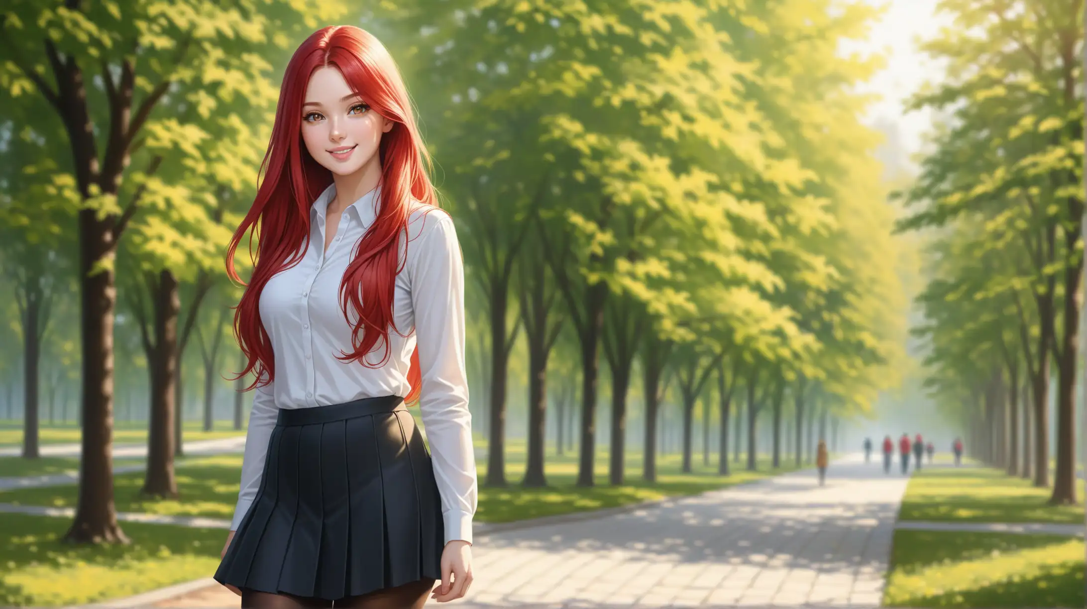 Woman with Long Red Hair Smiling Outdoors in Natural Light