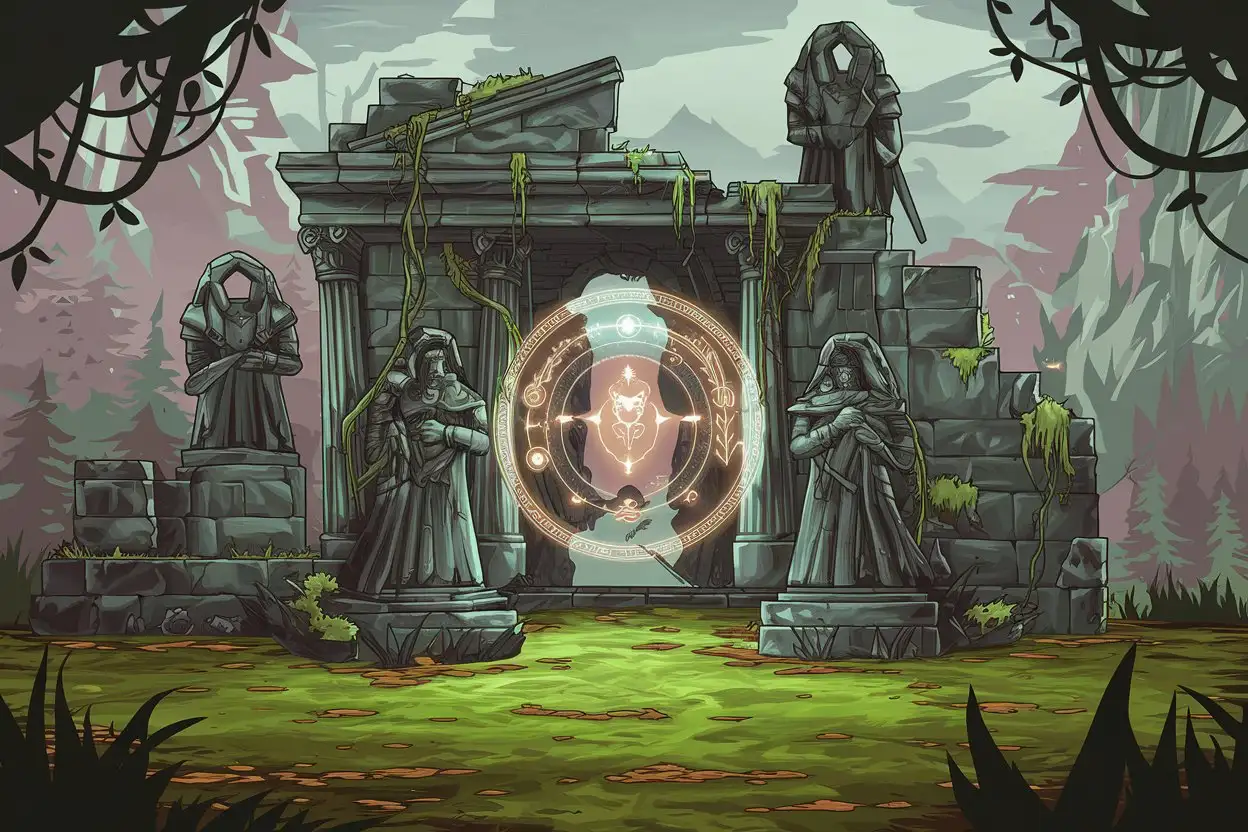 Stylized ARPG Video Game Cover Art Elven Ruins with Sentinel Statues and Glowing Ancient Symbols