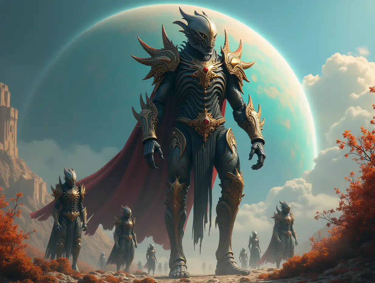 A hyperrealistic portrait of a 15 meter tall armored alien king with various small aliens and a richly detailed, colorful water planet with plant background