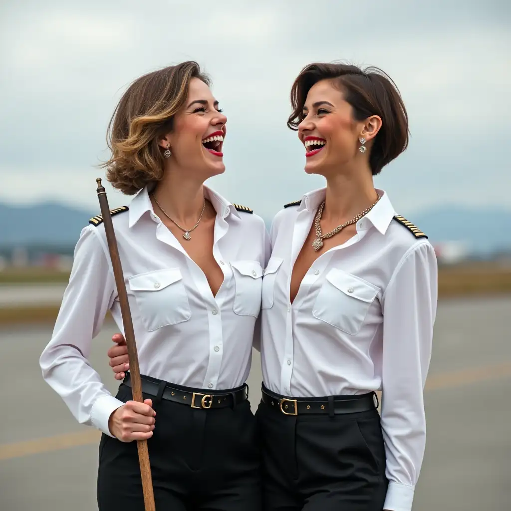 two norvegian lady , in white casually pilot uniform unbuttoned shirt, laughing with her mouth open, red lipstick accentuating her smile,belt on waist, big wide hips, chest are fully grown, jewerly, short hair, HD, holds long riding crop, airport, photo-realism,