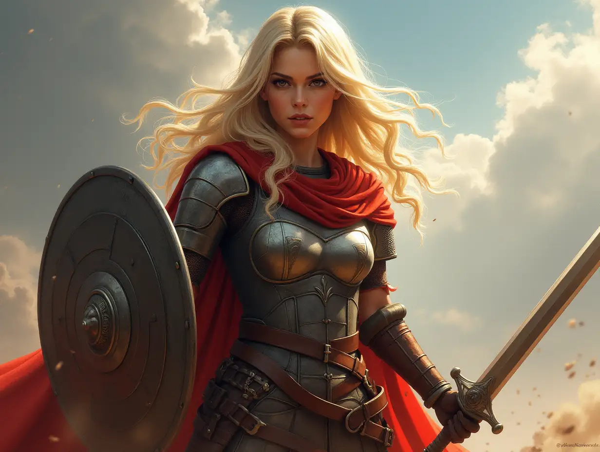 create me a wallpaper of a very beautiful blonde female warrior, carrying a shield in one hand and a sword in the other hand.