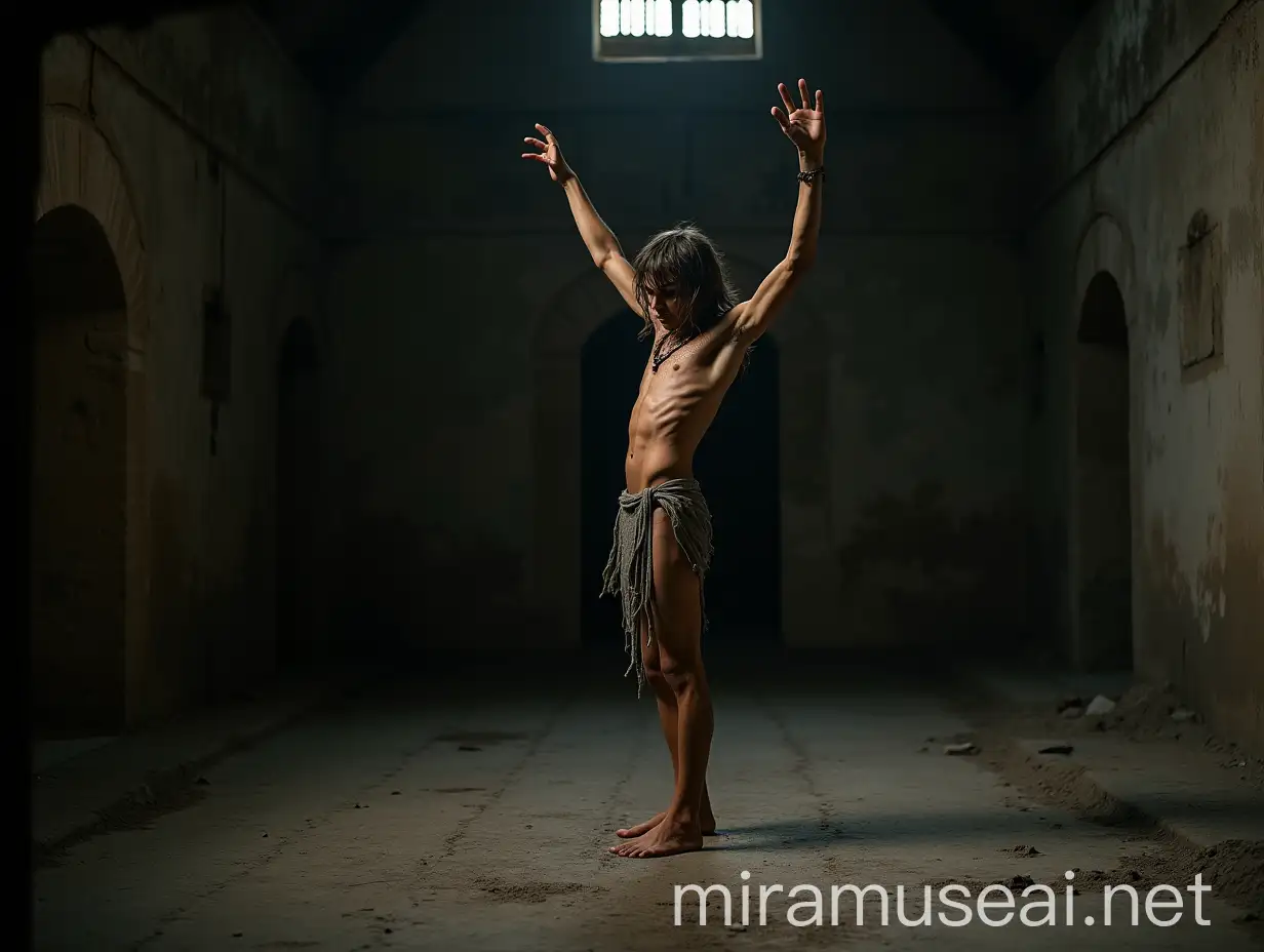 A low angle, full body shot of an extremely lean, handsome young man, about 18 years old, standing barefoot on his toes on a cold, dirty stone floor in a dimly lit, wide ancient vault. His body is positioned to the left, showing his right side, his head bowed humbly, gazing at the floor, his long, tousled hair unkempt. His slender, delicate frame glistens with sweat. He wears a ragged, torn and ripped loincloth, thin with age, barely covering his dirty body. His expression is desperate, begging and fearful, accentuating his vulnerability. He stretches his arms upright in the air,  above his head, as much as possible crossing his wrists.nThe damp prison walls, thick with dust, dirt, and cobwebs, heighten the oppressive atmosphere. Faint light filters through a small grated window, casting dramatic shadows across the scene. The dramatic interplay of light and shadow focuses on extreme realism, capturing the suffering of the young man and the harshness of his environment, with vivid colors and meticulous attention to every agonizing detail. Shot with a Nikon Z7 II, 50mm f/1.4 lens, shallow depth of field.