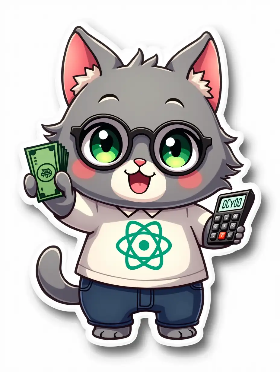 A curvilinearly cut sticker depicting a kawaii positive fluffy little gray cat with green eyes  in office clothes with of an atom symbol on t-shirt and glasses. with a calculator and money in hand. The bank building is in the background. vibrant and dynamic die cut sticker design top-view, high resolution, vector art, white background, paint in anime style