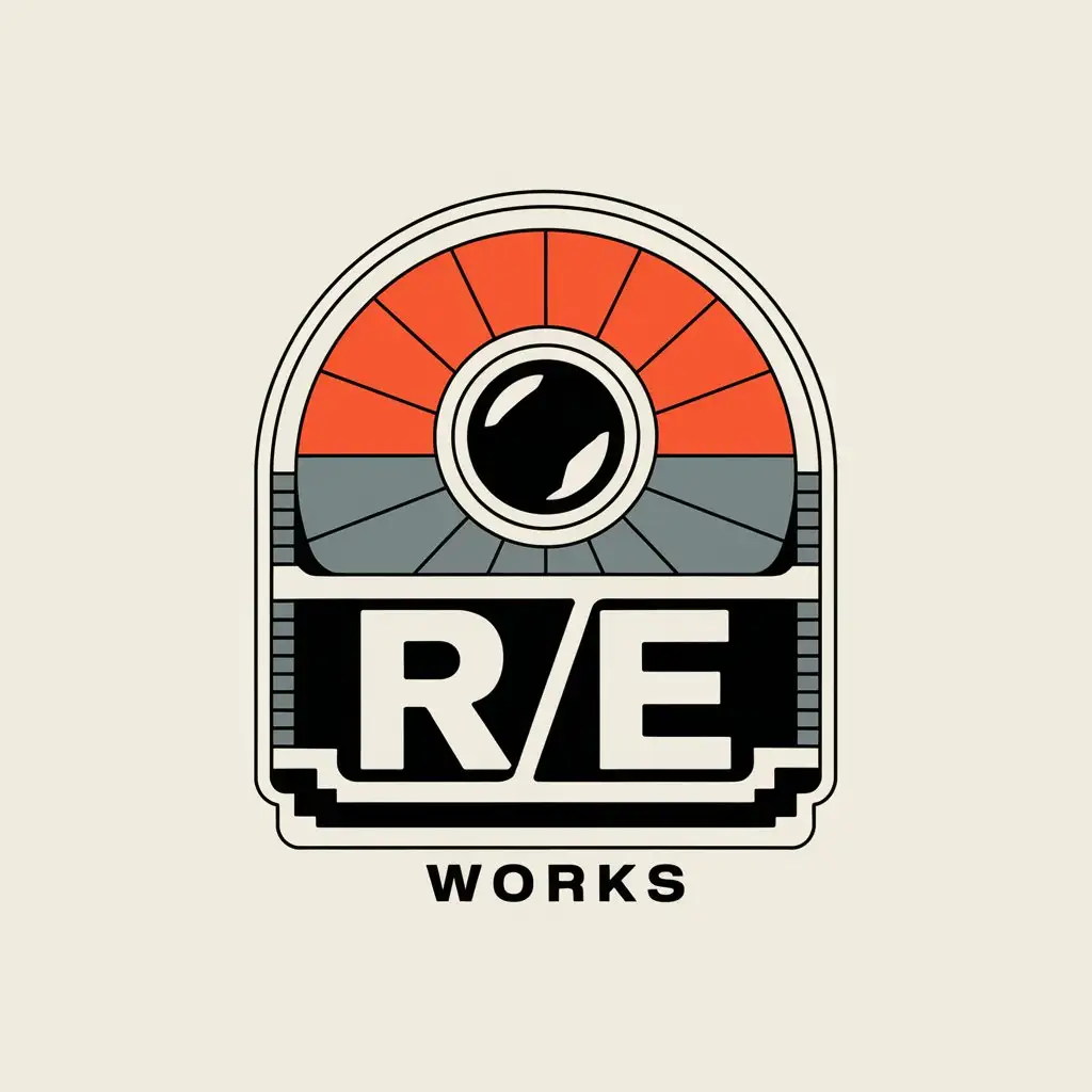 LOGO Design for RE WORKS Retro Vibe with OffWhite Gray Cinematic Photography Theme