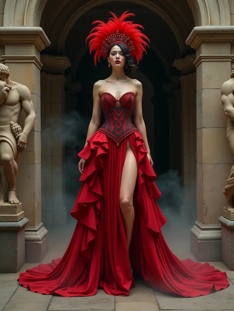 a breathtaking enchantress in a sumptuous scarlet dress adorned with luxurious ruffles and a daring high slit, revealing a glimpse of her toned leg. The bodice is a corset embroidered with intricate black designs, accentuating her slender waist. Atop her head sits an extravagant headdress with a vivid plume of red feathers. She stands majestically within the ancient, grandiose stone archway of a castle, surrounded by regal stone walls. A majestic stone sculpture can be seen to her left. Ethereal mist swirls at her feet, adding a touch of mystical ambience. The overall scene blends Baroque opulence with Art Nouveau elegance, evoking the rich styles of Gustav Klimt and Alphonse Mucha. Enhance with HDR, high detail