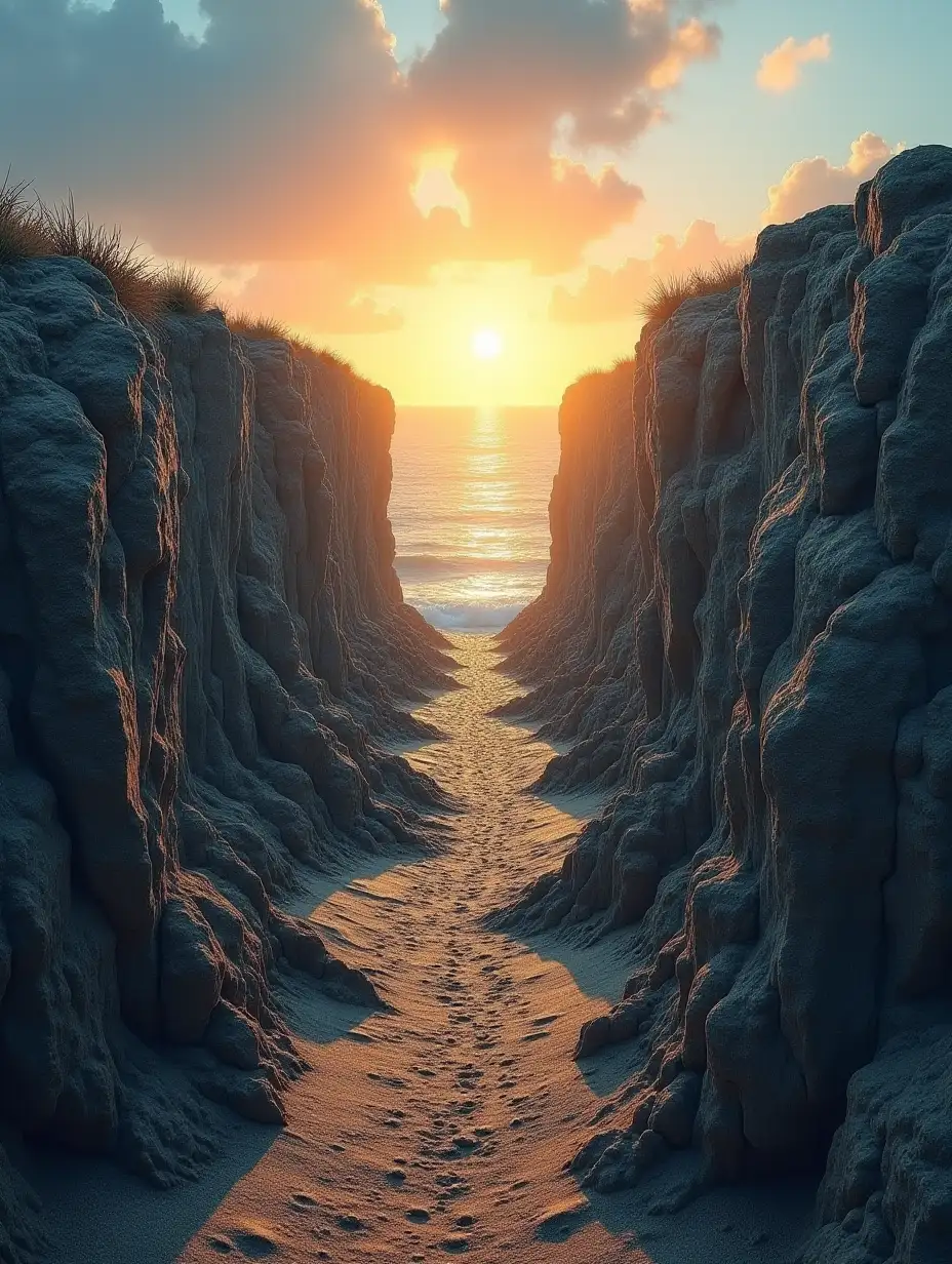 A divided path: one smooth and straight ends abruptly at a cliff, while the other is long, rocky and challenging, but leads to a horizon where a bright sun rises