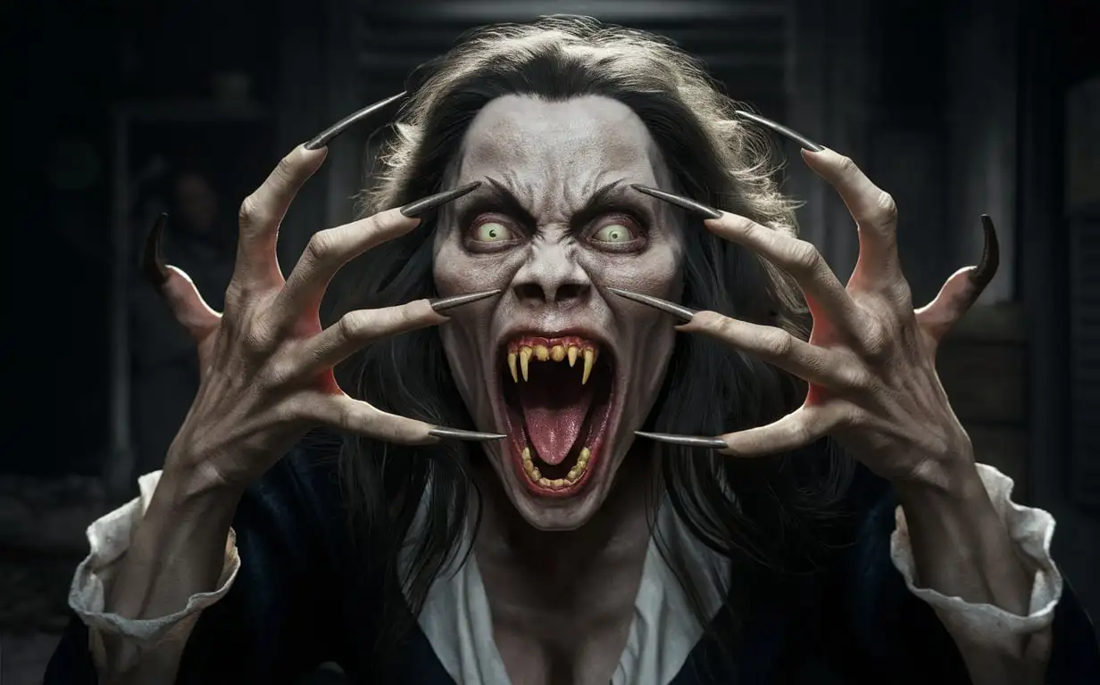 Subject: The main subject of the image is a wild and ugly vampire woman, depicted in a photorealistic style. She has extra long pointed fingernails resembling claws, and her mouth is open with fang-like teeth, giving her a threatening appearance.
Setting: The scene is set inside a dark room, adding to the eerie atmosphere. The darkness enhances the horror element and creates a cinematic feel.
Style/Coloring: The image is hyper-realistic with high detail and photo detailing, contributing to the photorealistic quality. The coloring is dark and haunting, with atmospheric lighting intensifying the creepy vibe.
Action/Items: The vampire woman appears to have just emerged from the darkness, adding a sense of suspense and fear. Her posture and expression convey aggression and terror.
Costume/Appearance: The vampire's appearance is grotesque and terrifying, with detailed nails and realistic anatomy, including five fingers on each hand. Her undead look suggests that she has climbed out of a grave.
Accessories: The vampire's only accessories are her long, pointed fingernails, which resemble the claws of a predator, enhancing her menacing appearance.