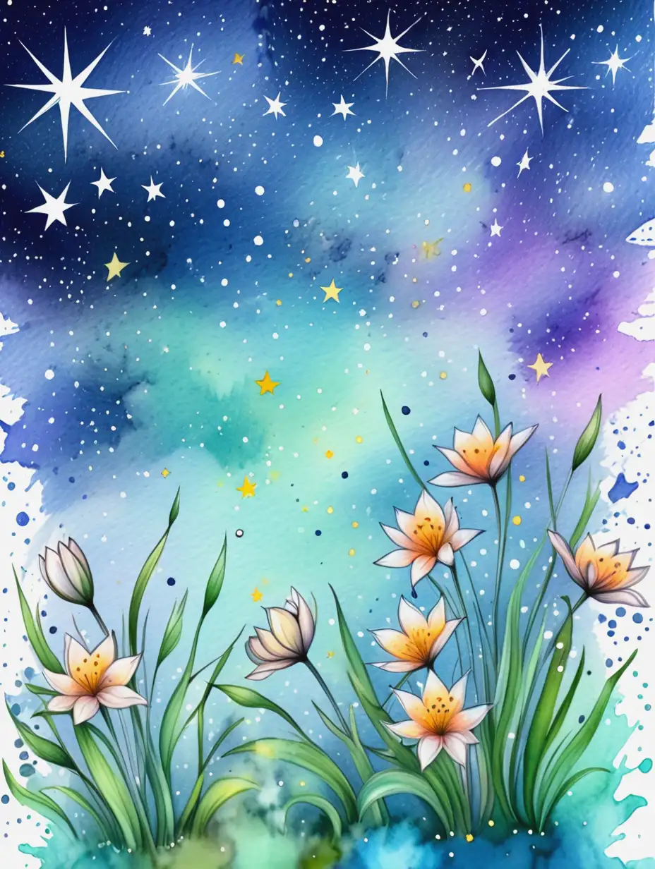 Spring-Wildflowers-on-a-Starry-Watercolor-Background-with-Splashes