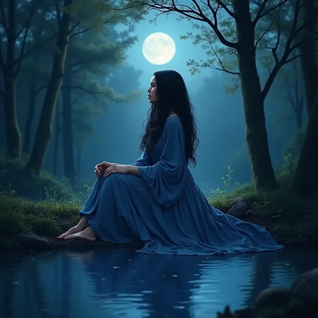 Enchanting Mother Earth Goddess Sitting in Moonlit Forest