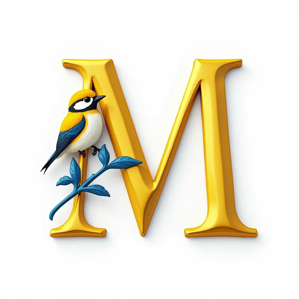 Great-TitAI-Image-Prompt-Expansion-Perched-on-Gold-Letter-M-with-Yellow-and-White-Accents